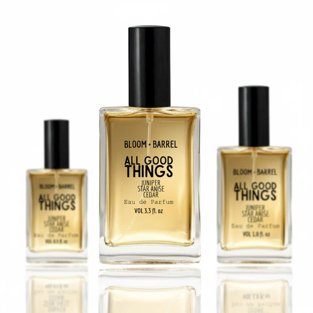 Three perfume bottles labeled 'Bloom & Barrel All Good Things' on a white background