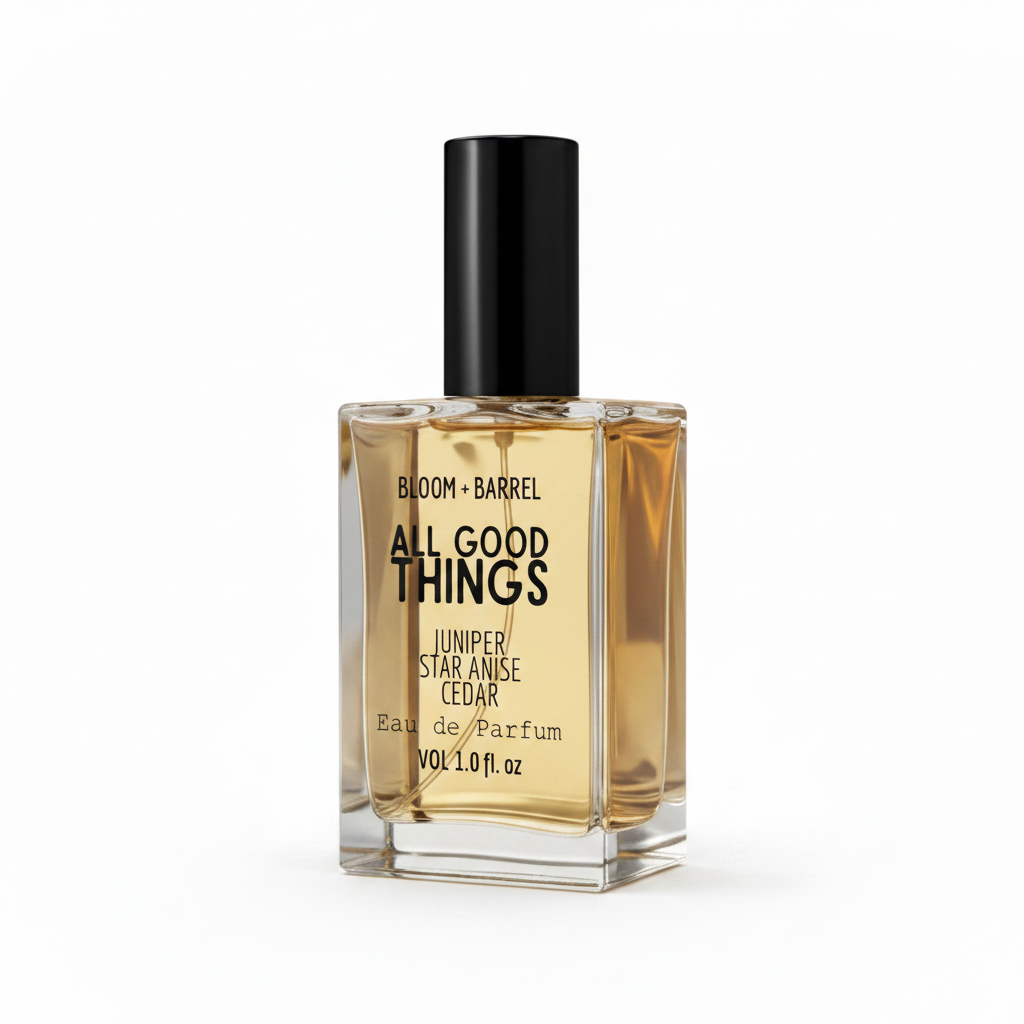 Perfume bottle labeled 'All Good Things' by Bloom & Barrel on a white background