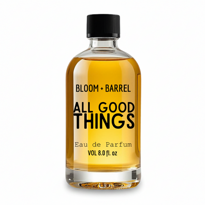 Bottle of 'All Good Things' eau de parfum by Bloom & Barrel on a white background