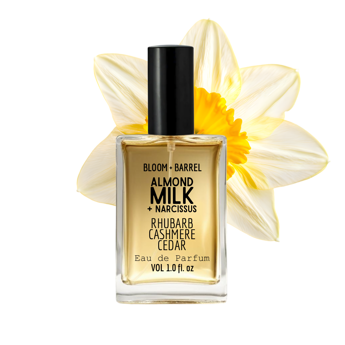 Perfume bottle labeled 'Bloom + Barrel' with a yellow flower on a white background