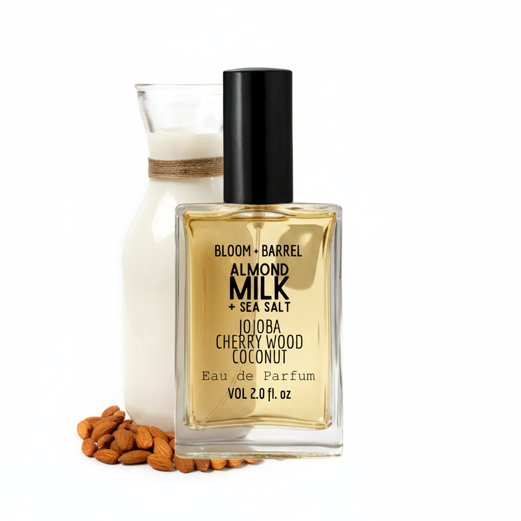Perfume bottle labeled 'Almond Milk & Sea Salt' with a small container and almonds on a white background