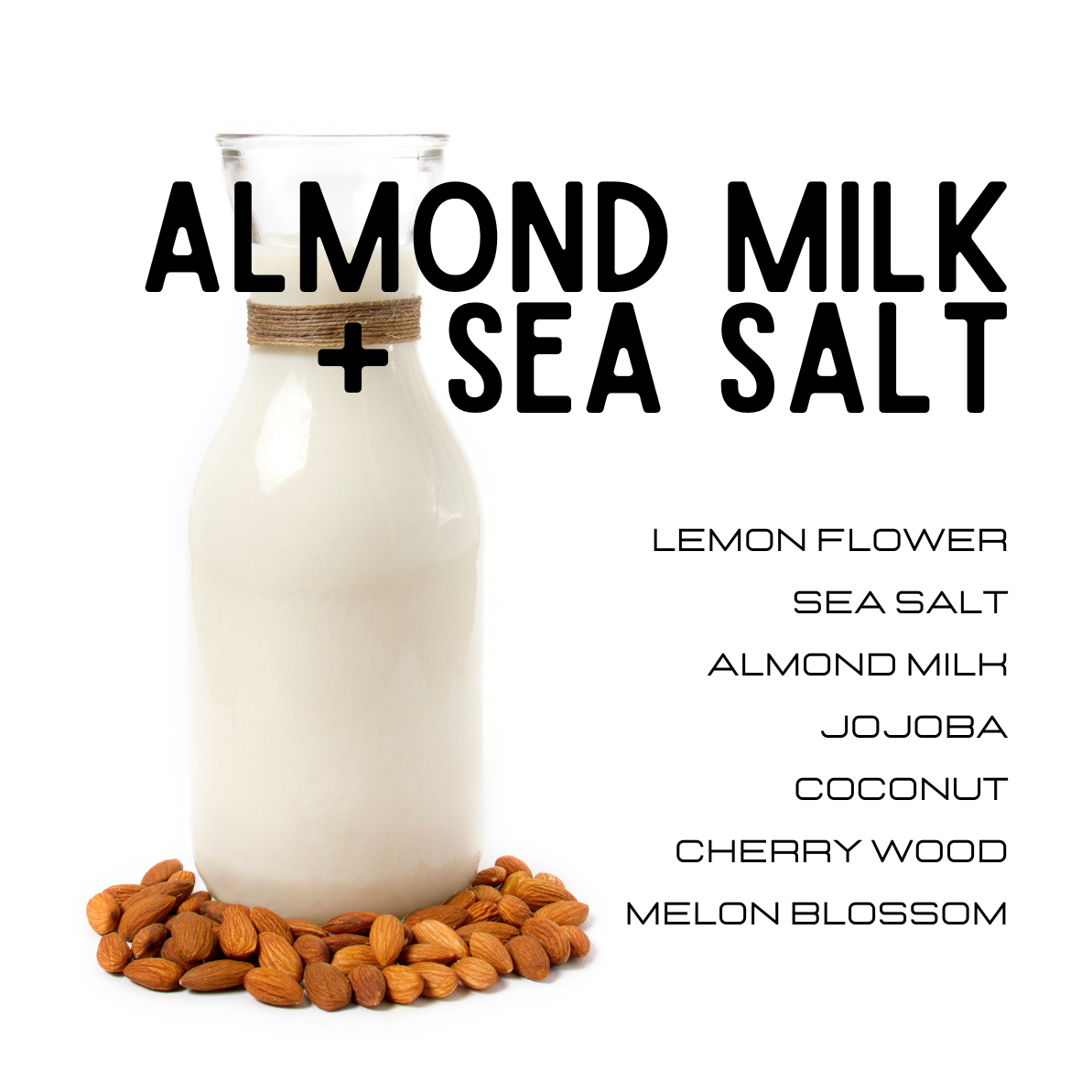 Bottle of almond milk with sea salt on a white background