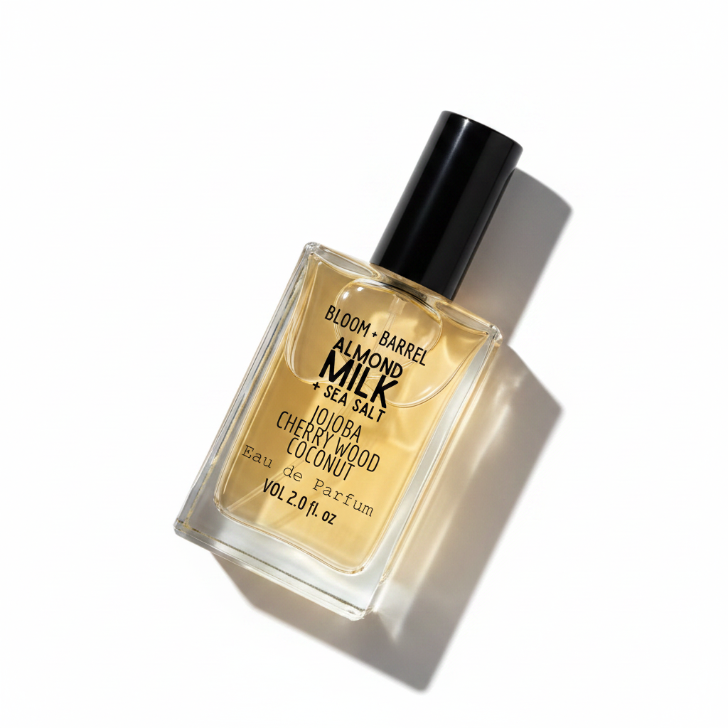 Perfume bottle labeled 'Bloom + Barrel' on a white background