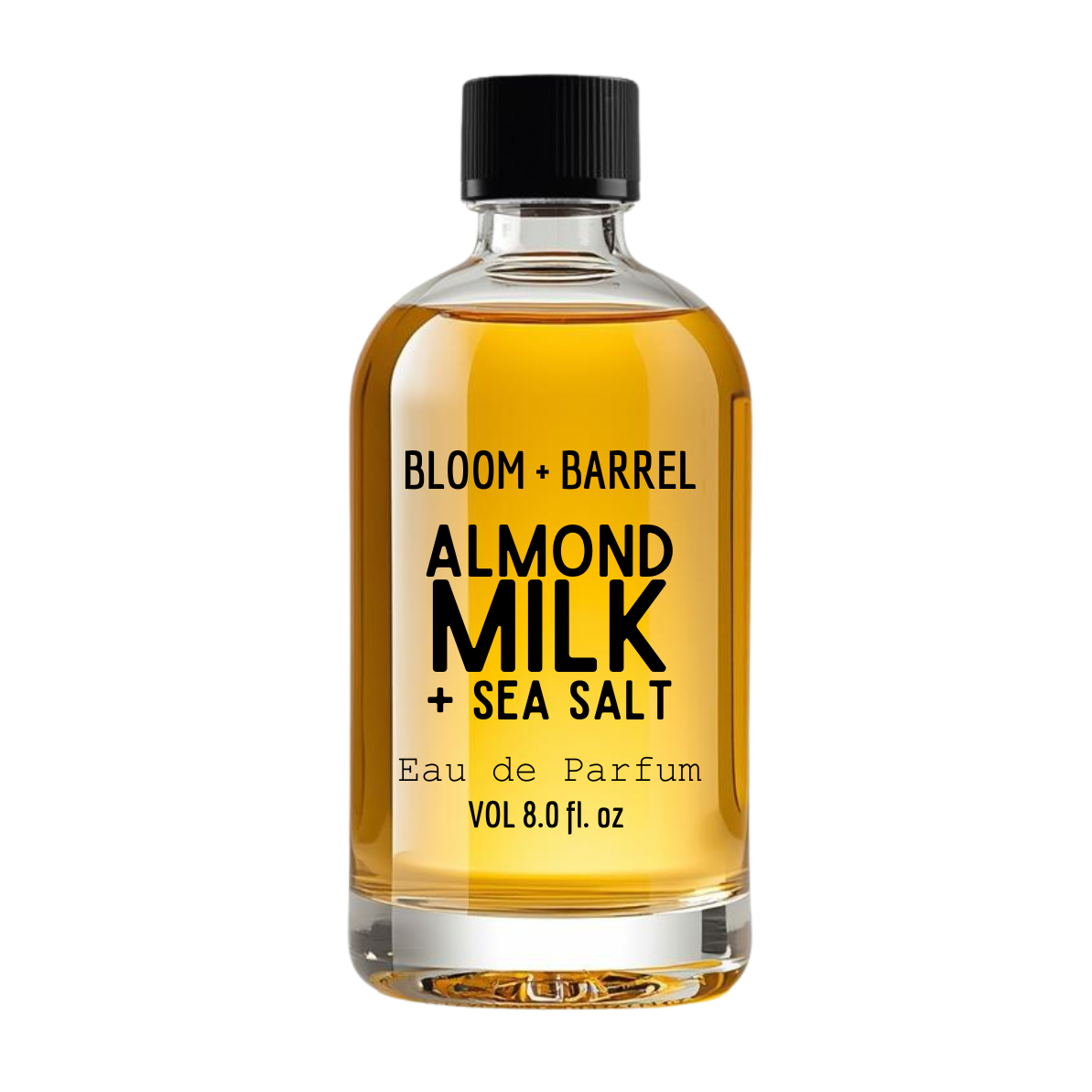 Bottle of Bloom + Barrel Almond Milk + Sea Salt Eau de Parfum on a white background