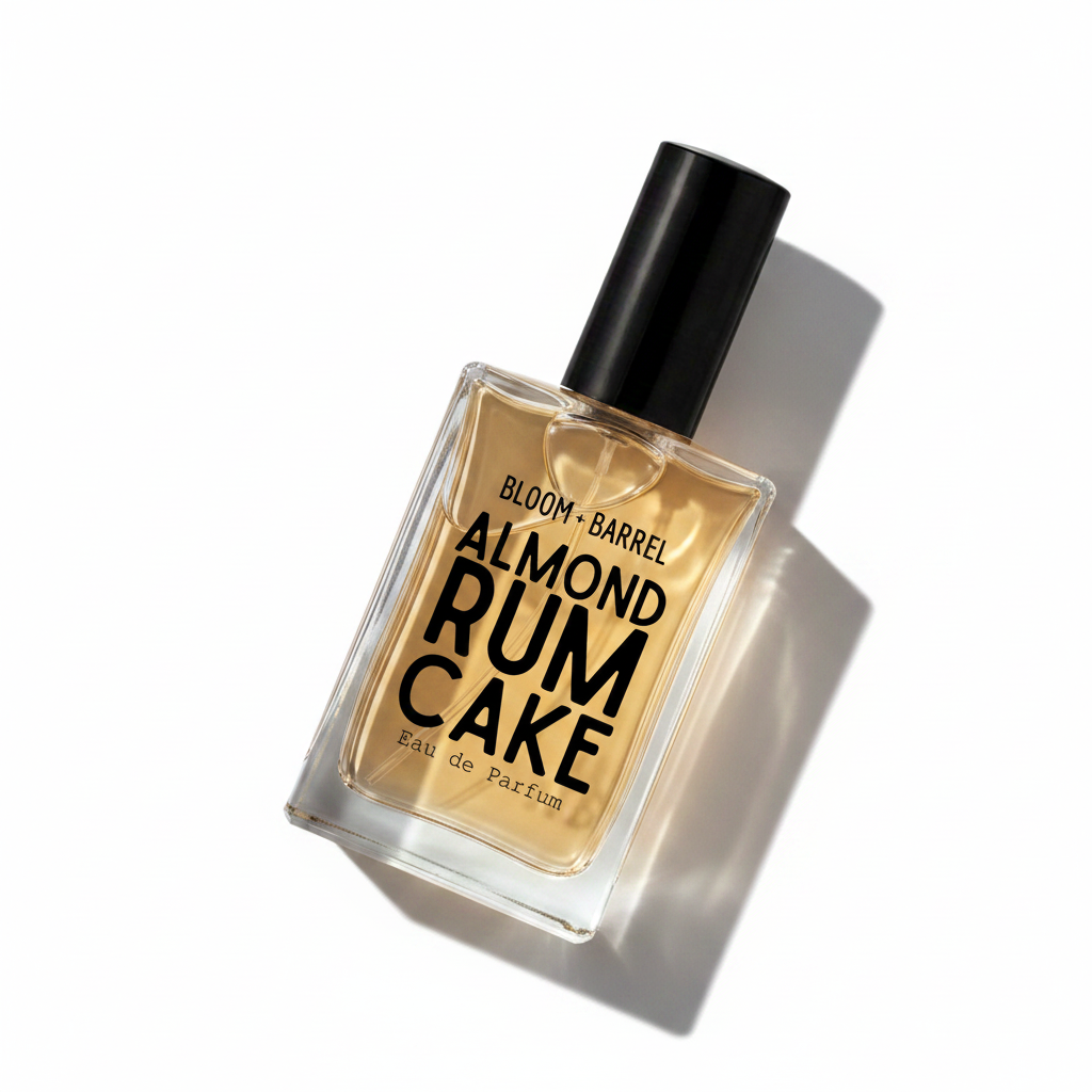 A rectangular glass perfume bottle with almond-shaped edges, filled with amber-colored fragrance liquid and topped with a matte black cap. The front label reads 'BLOOM • BARREL ALMOND RUM CAKE Eau de Parfum' in black text.