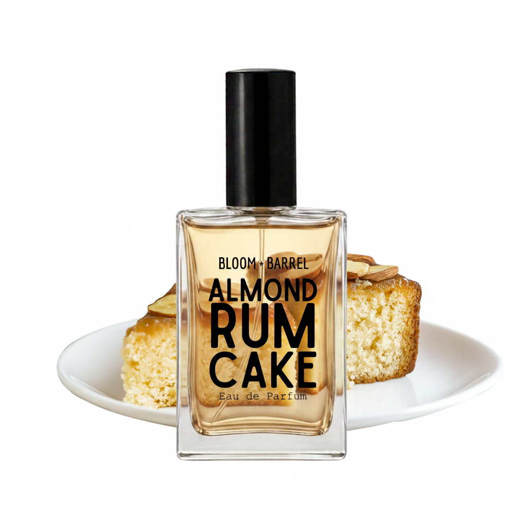 A rectangular glass perfume bottle labeled 'BLOOM • BARREL ALMOND RUM CAKE Eau de Parfum' with a black cap, centered in front of two sliced cake pieces on a white plate against a white background.