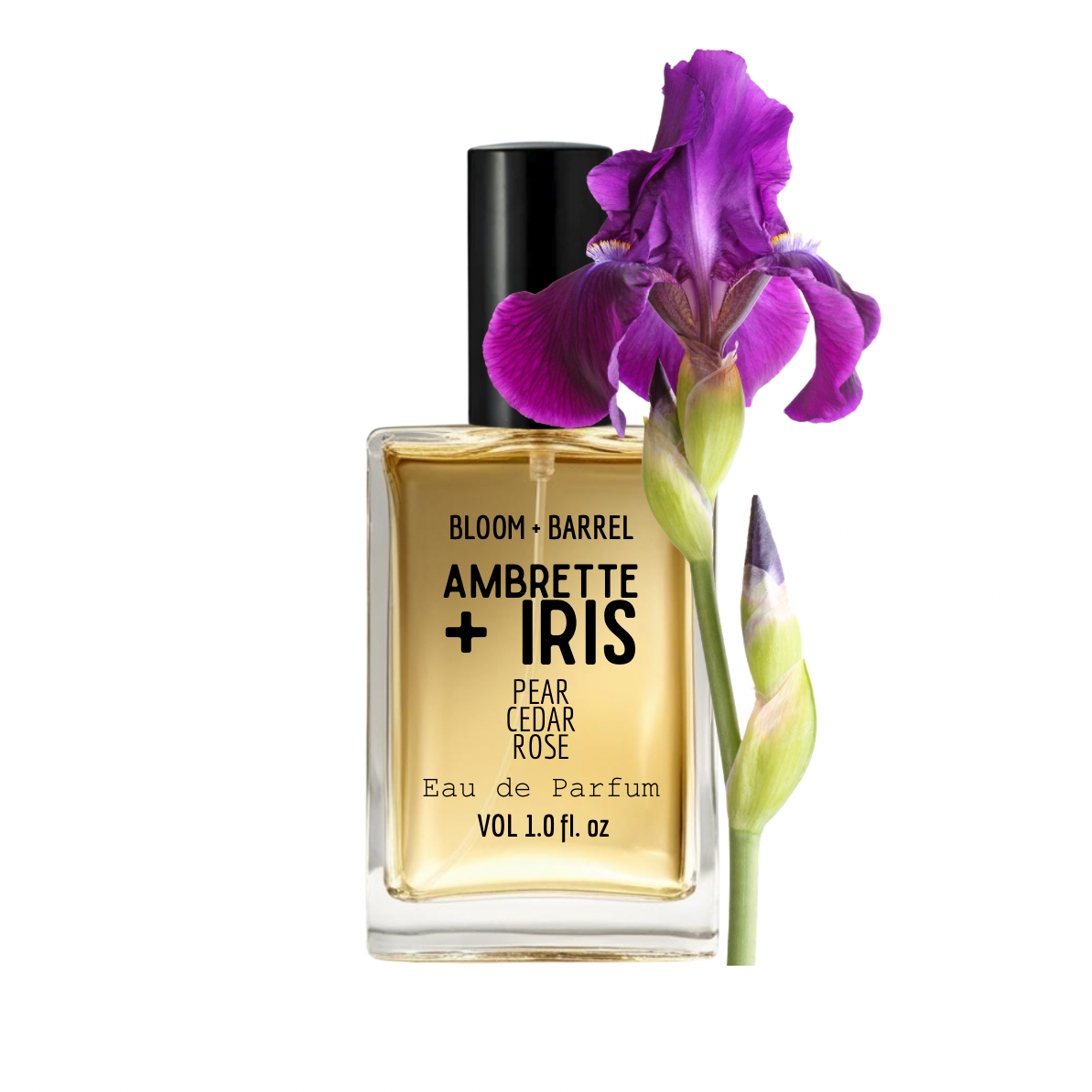 Perfume bottle labeled 'Ambrette + Iris' with a purple flower on a white background