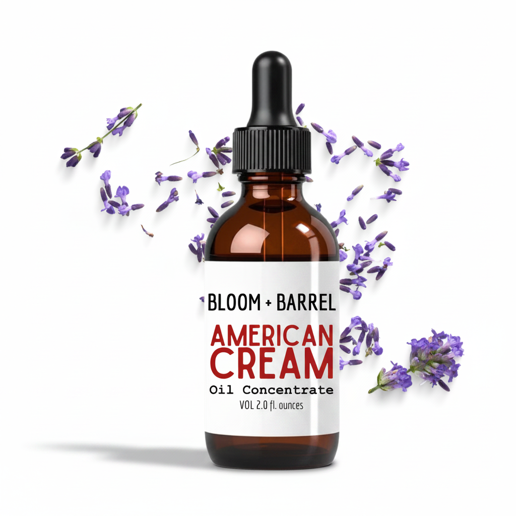 Bottle of 'American Cream' oil concentrate from Bloom + Barrel with lavender flowers on a white background
