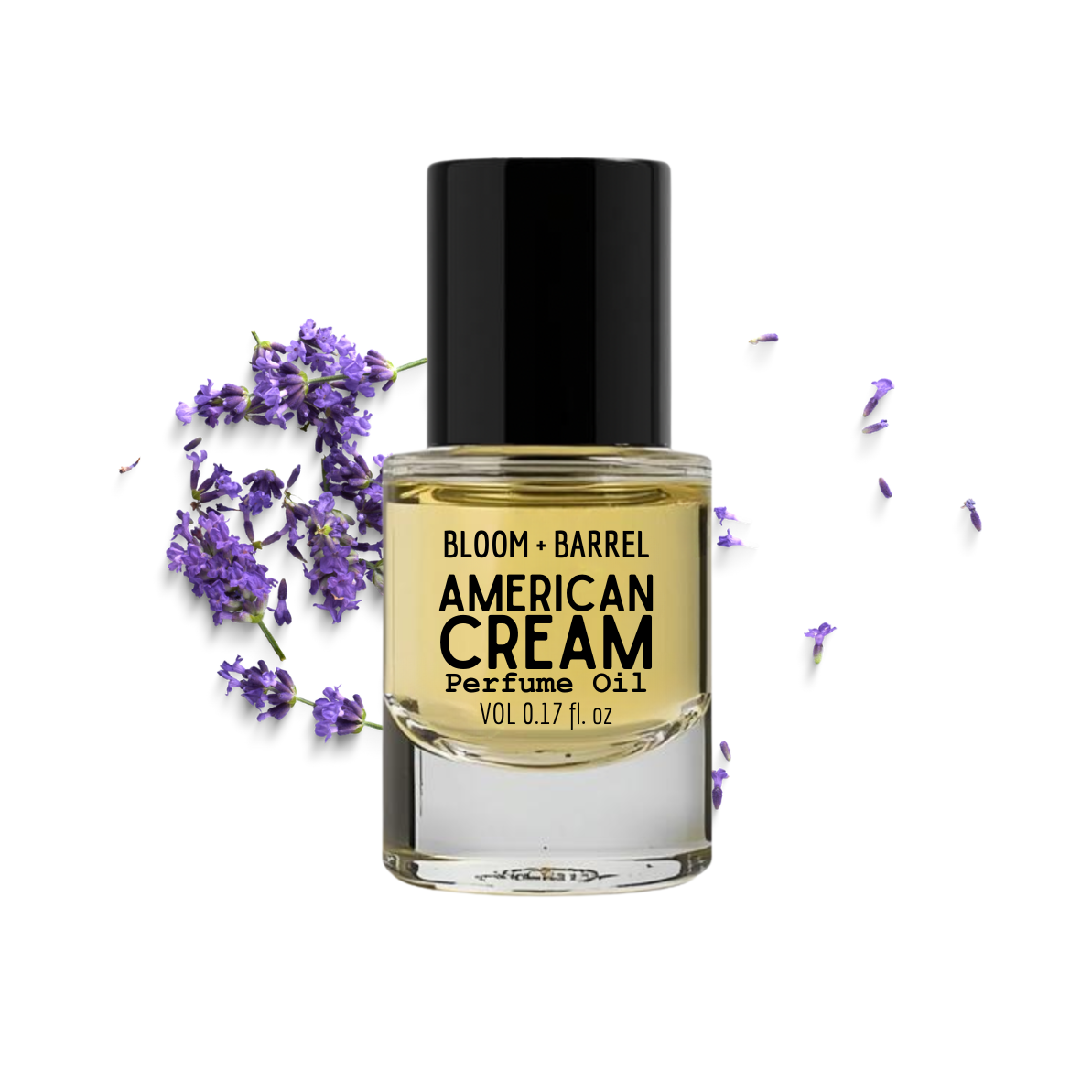 Perfume oil bottle labeled 'American Cream' with lavender flowers on a white background