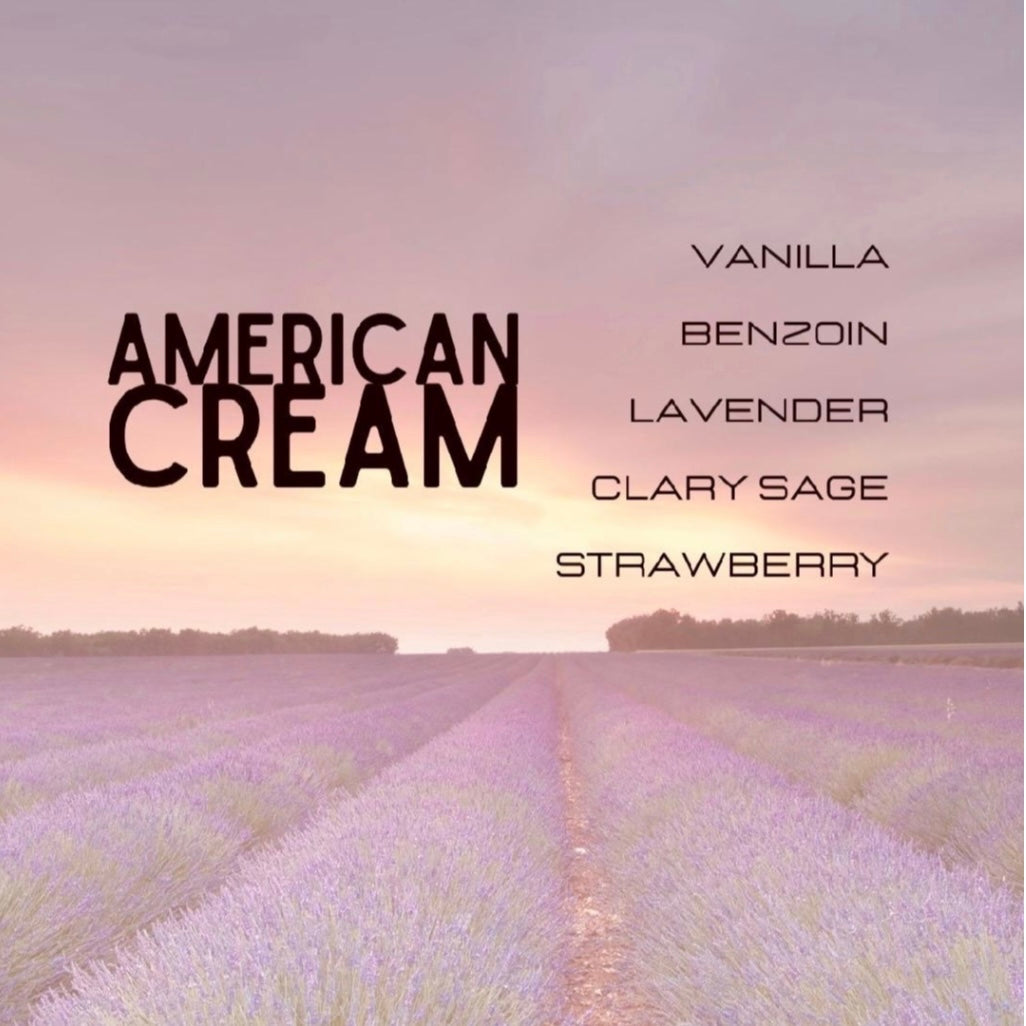 Lavender field with 'American Cream' fragrance names on a gradient background