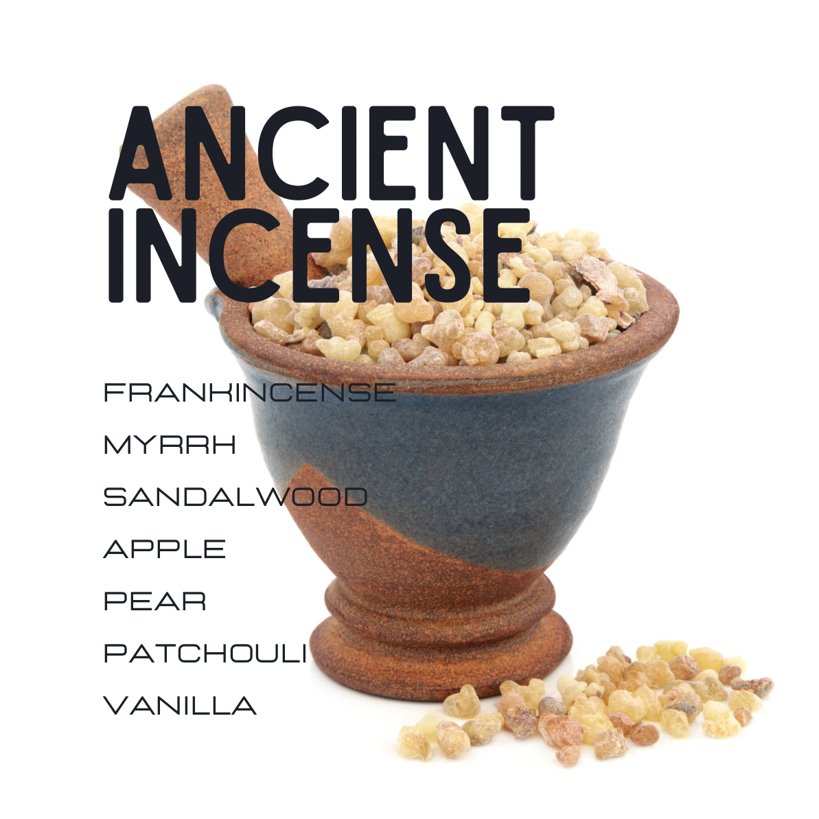 Product graphic for 'Ancient Incense' featuring a ceramic mortar and pestle filled with incense pieces on a white background, with text listing scent options: Frankincense, Myrrh, Sandalwood, Apple, Pear, Patchouli, and Vanilla.