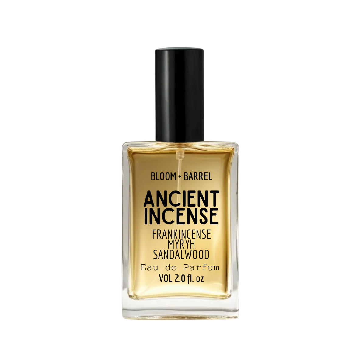 Perfume bottle labeled 'ancient incense' by Bloom & Barrel on a white background