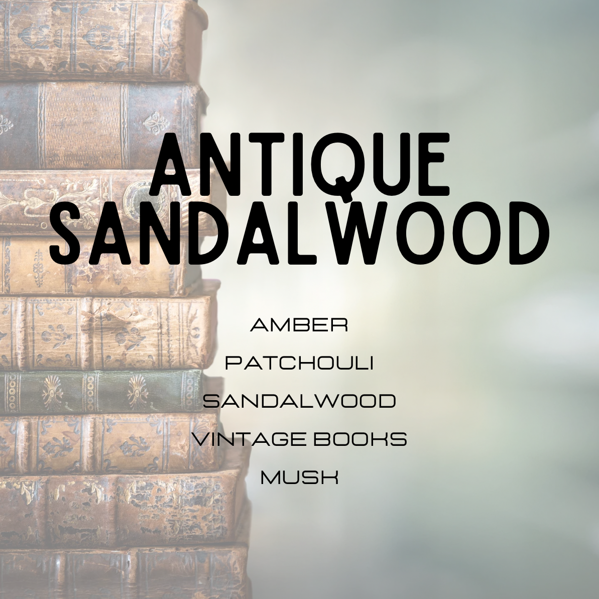 Stack of vintage books with 'Antique Sandalwood' text and product description on a light background