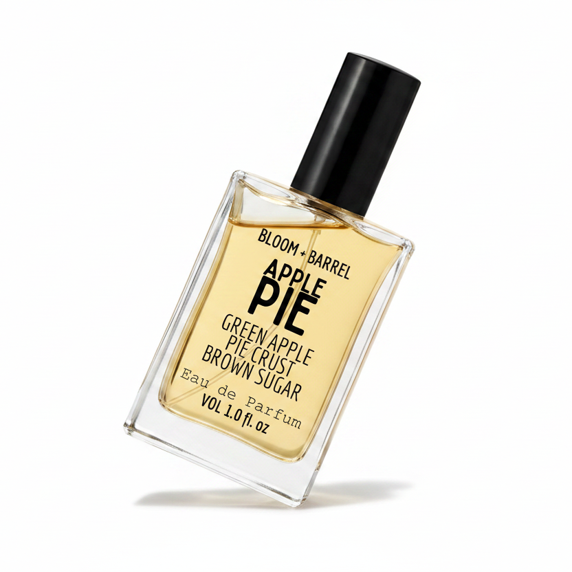 Perfume bottle labeled 'Apple Pie' by Bloom & Barrel on a white background