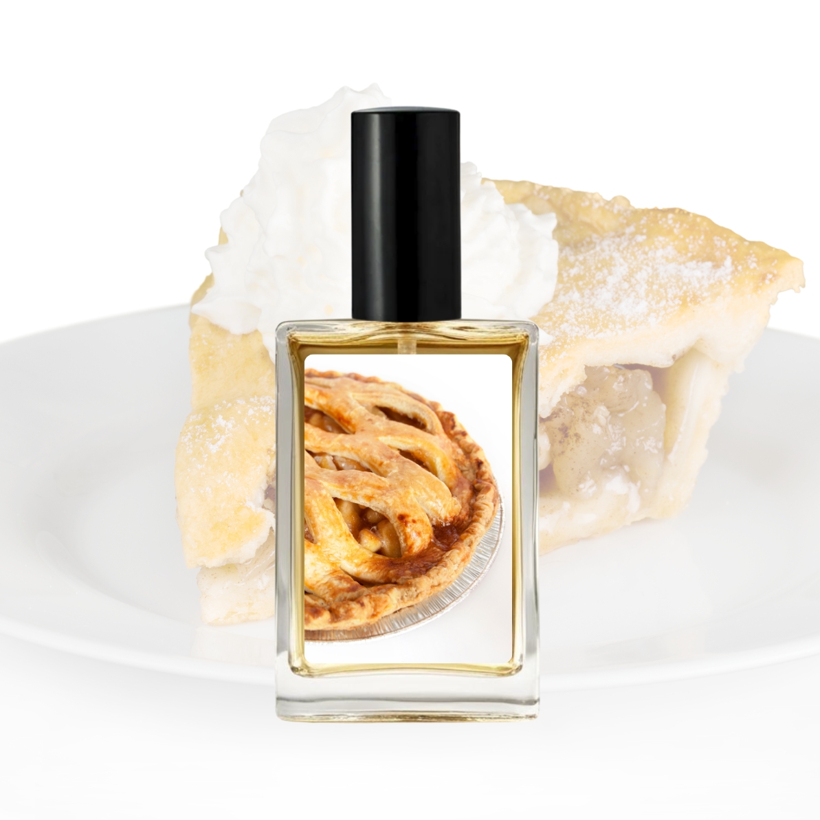 Perfume bottle with an apple pie design on a white background