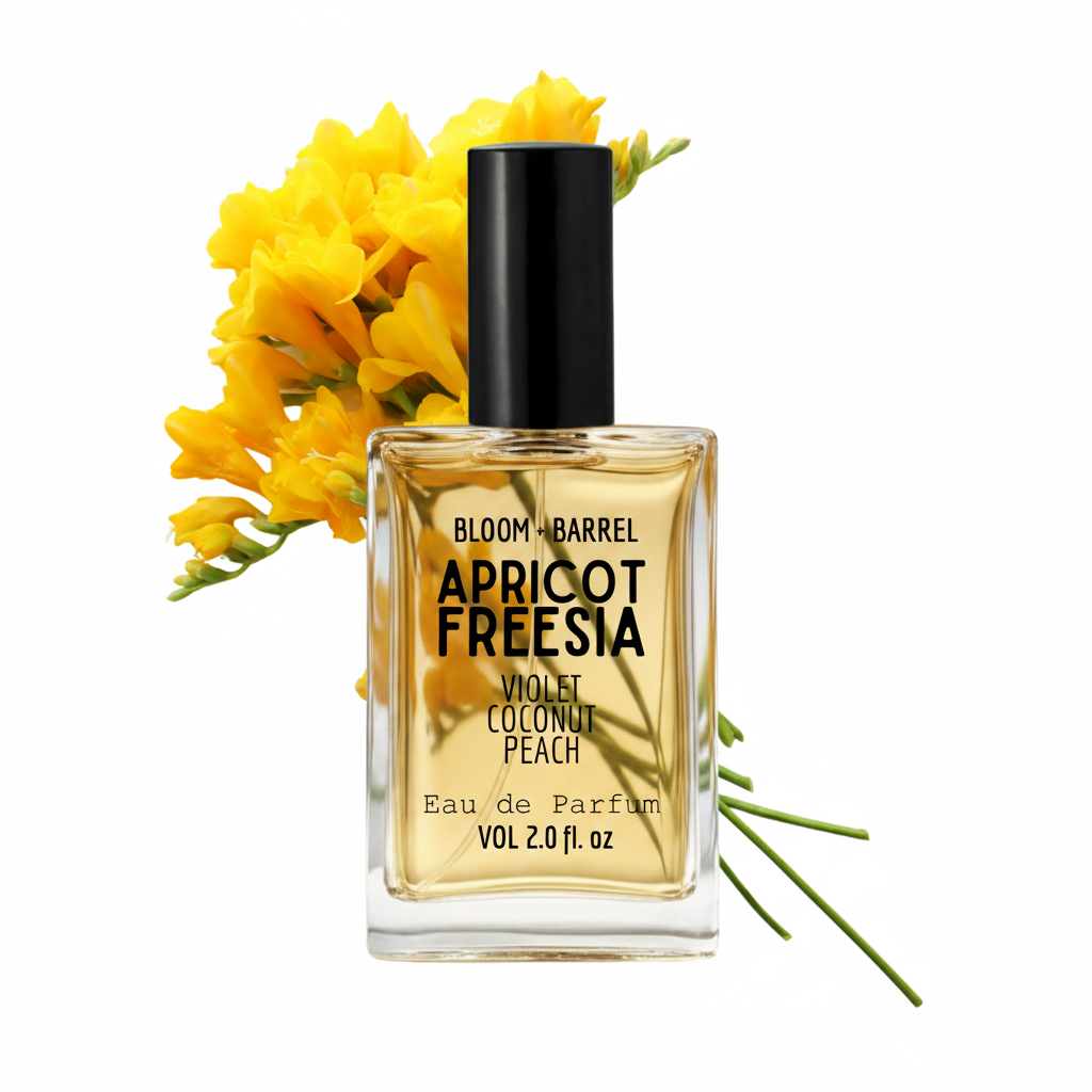 Perfume bottle labeled 'Apricot Freesia' with yellow flowers on a white background
