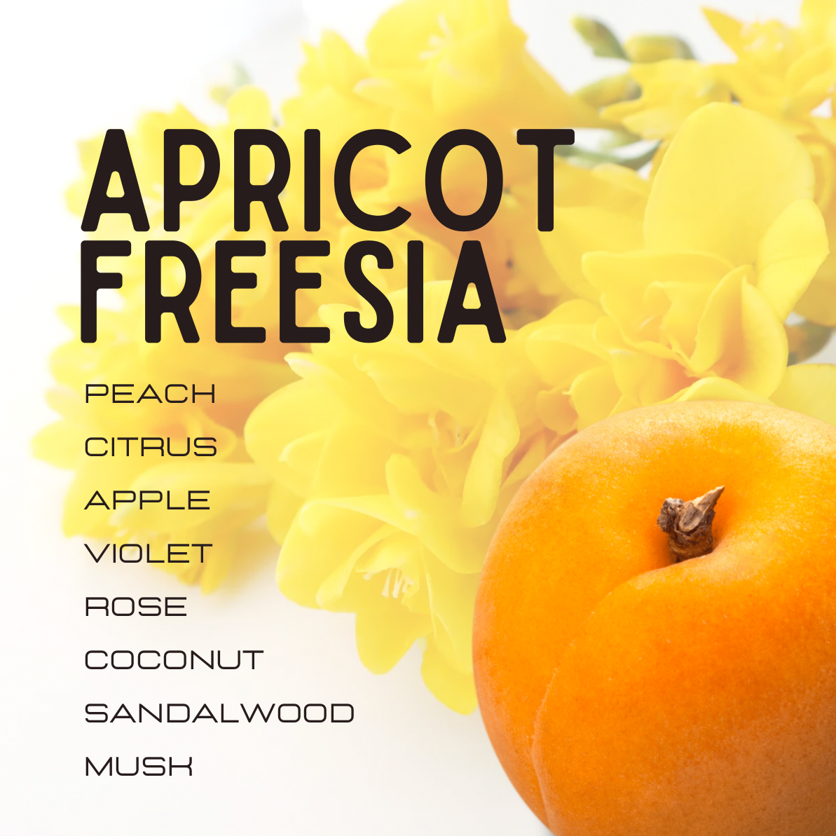 Apricot and freesia flowers with descriptive text on a white background