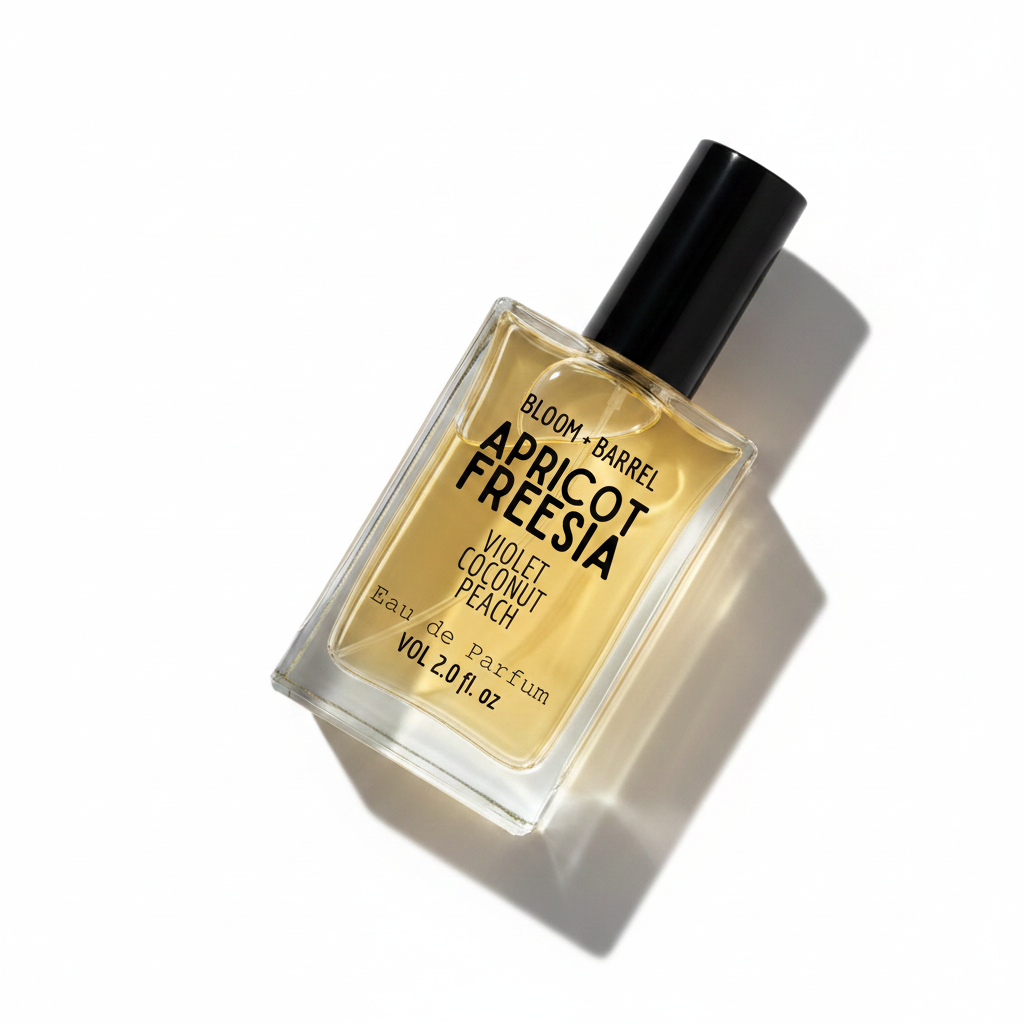 Perfume bottle labeled 'apricot freesia' by Bloom & Barrel on a white background