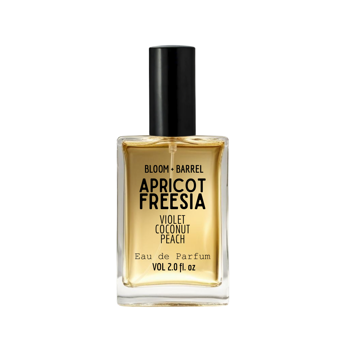 Perfume bottle labeled 'apricot freesia' by Bloom & Barrel on a white background