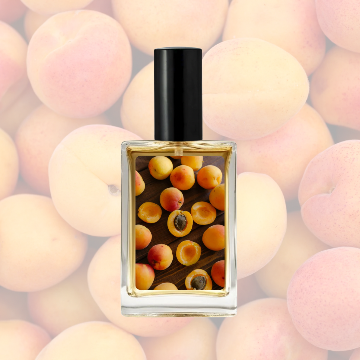 Perfume bottle with apricot design on a background of apricots