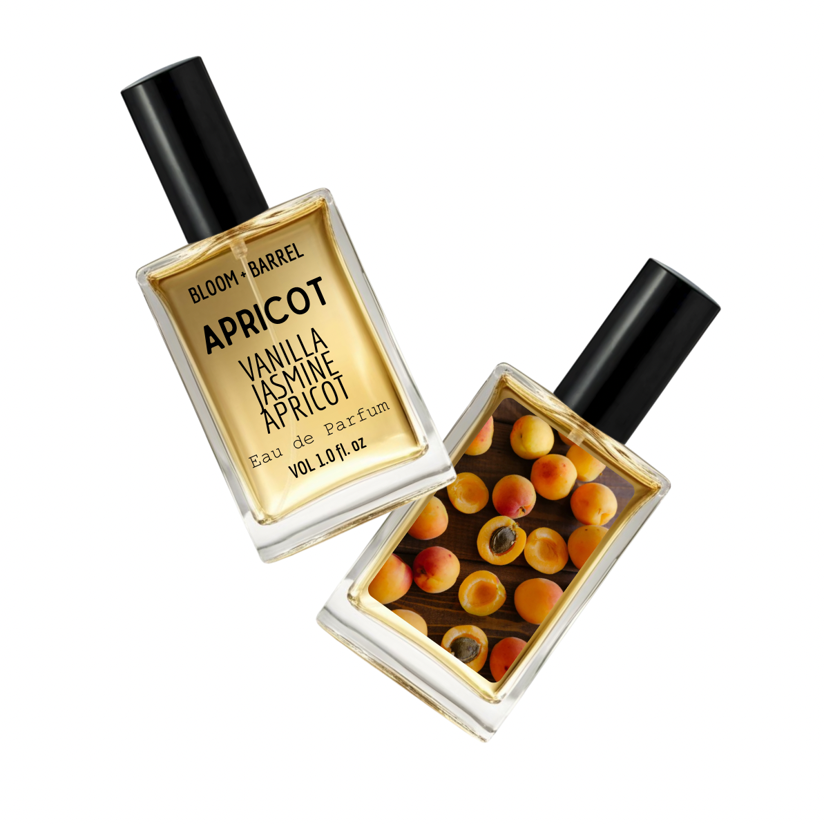 Two perfume bottles labeled 'Vanilla Jasmine Apricot' by Bloom & Barrel on a white background.