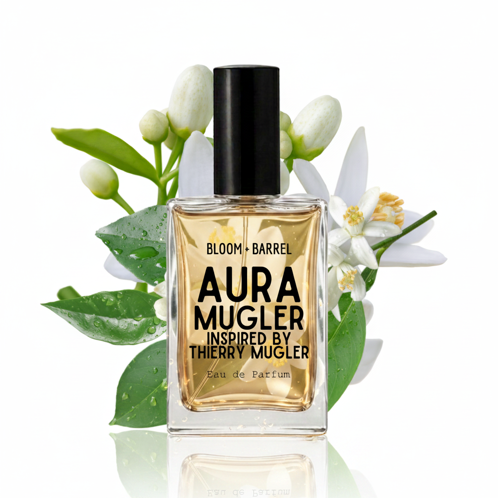 A bottle of Aura Mugler Eau de Parfum with a black cap and amber liquid, styled with white flowers and green leaves on a white background.
