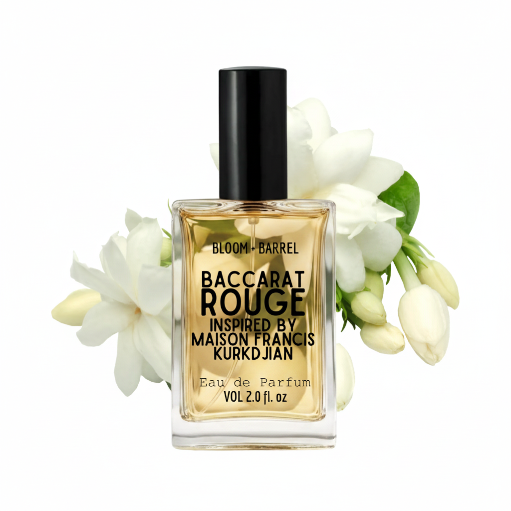 A bottle of Bloom + Barrel Baccarat Rouge Eau de Parfum, inspired by Maison Francis Kurkdjian, styled with white jasmine flowers on a clean white background.