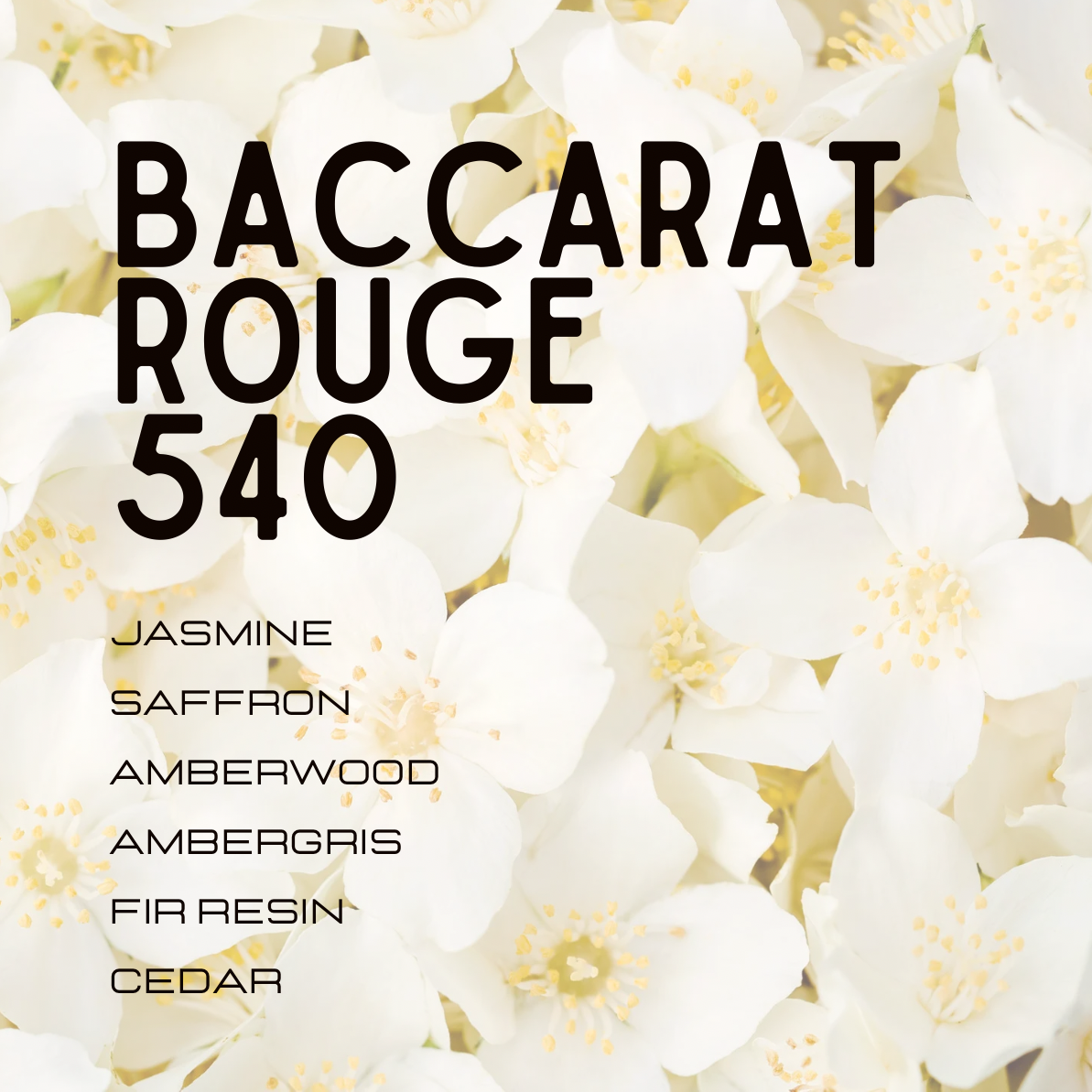 A fragrance color card titled 'BACCARAT ROUGE 540' over a background of white jasmine flowers. The text lists notes of Jasmine, Saffron, Amberwood, Ambergris, Fir Resin, and Cedar.