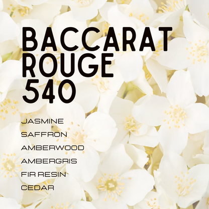 A fragrance color card titled 'BACCARAT ROUGE 540' over a background of white jasmine flowers. The text lists notes of Jasmine, Saffron, Amberwood, Ambergris, Fir Resin, and Cedar.
