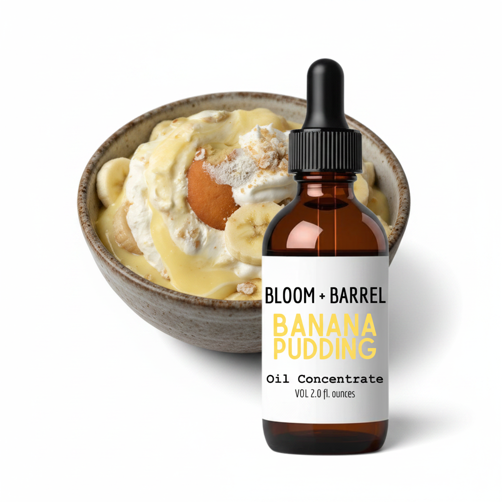 Bottle of Bloom + Barrel Banana Pudding Oil Concentrate with a container of banana pudding on a white background
