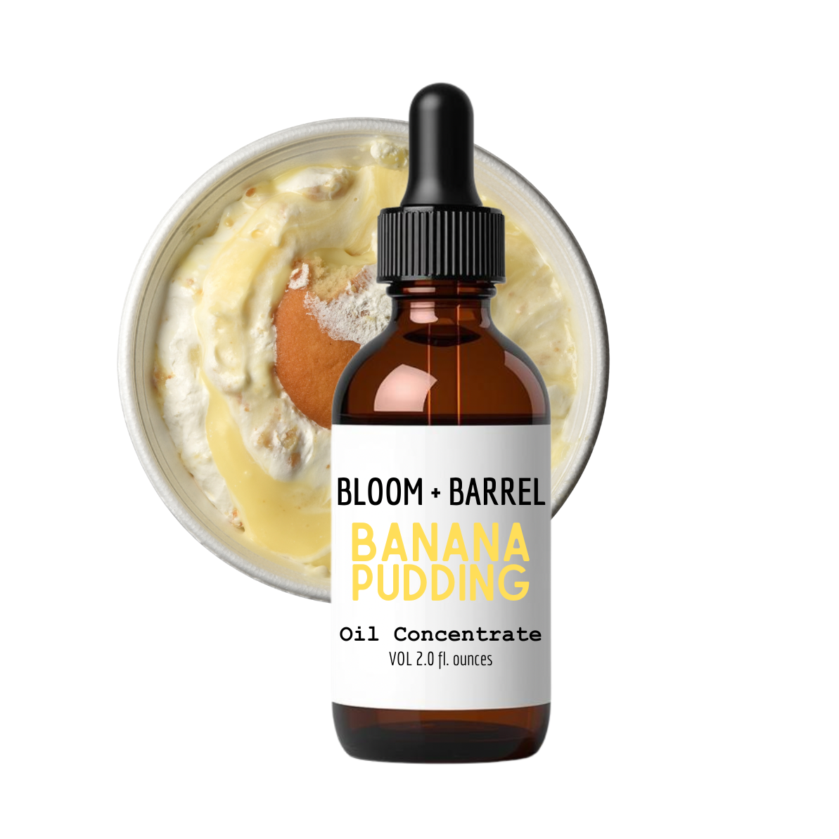 Bottle of Bloom + Barrel Banana Pudding Oil Concentrate with a container of banana pudding on a white background