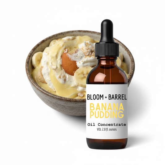 Bottle of Bloom + Barrel Banana Pudding Oil Concentrate with a container of banana pudding on a white background