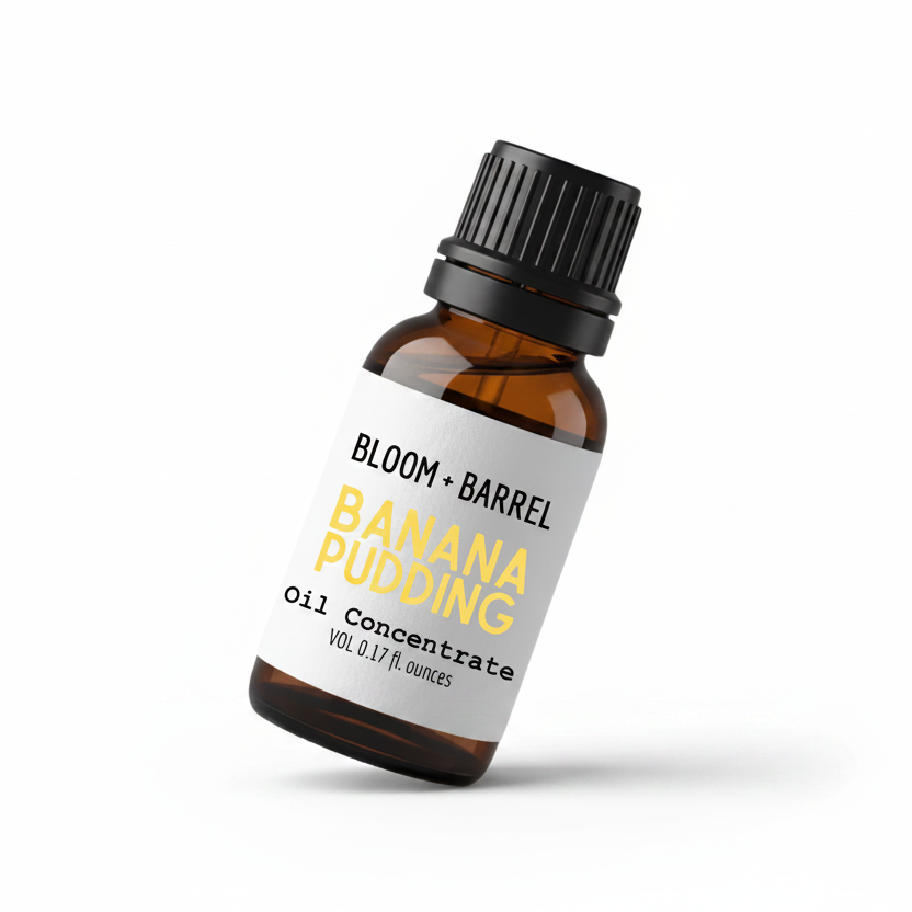 Bottle of Bloom & Barrel Banana Pudding oil concentrate on a white background