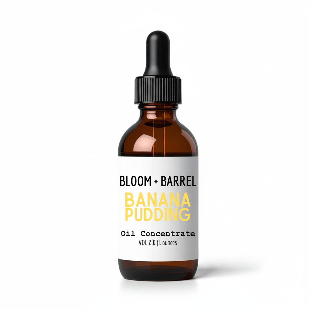 Bottle of Bloom + Barrel Banana Pudding oil concentrate on a white background