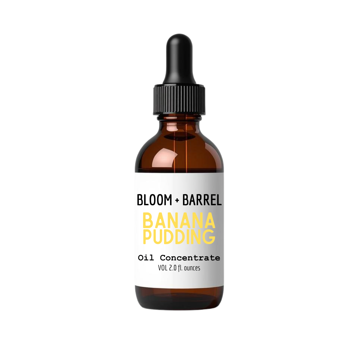 Bottle of Bloom + Barrel Banana Pudding oil concentrate on a white background