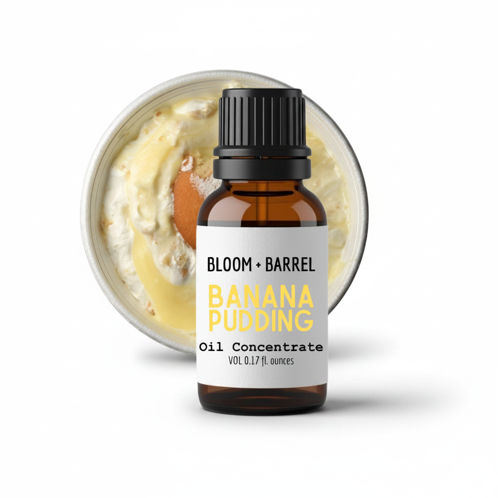 Bottle of Bloom & Barrel Banana Pudding Oil Concentrate with a container of banana pudding in the background.