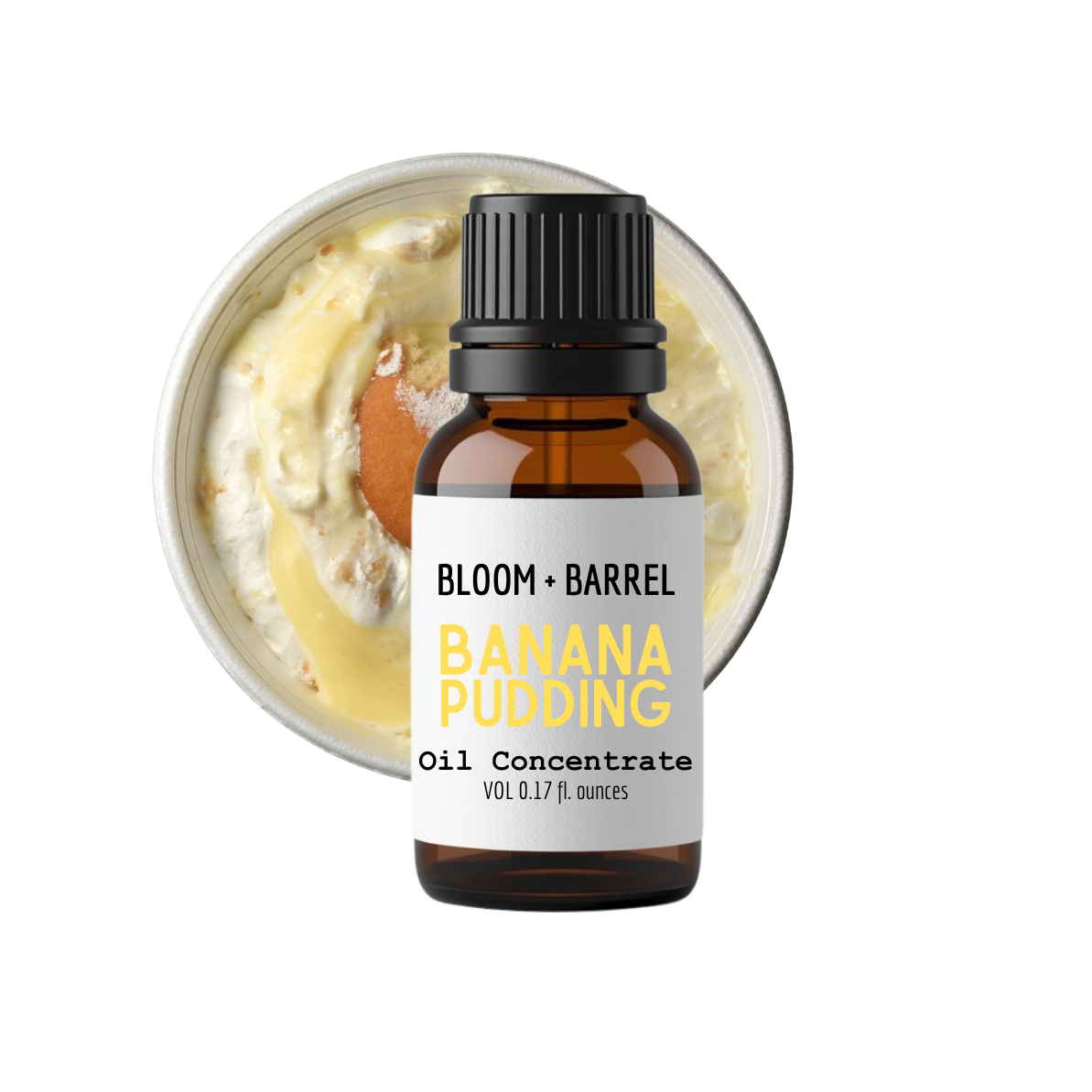 Bottle of Bloom & Barrel Banana Pudding Oil Concentrate with a container of banana pudding in the background.