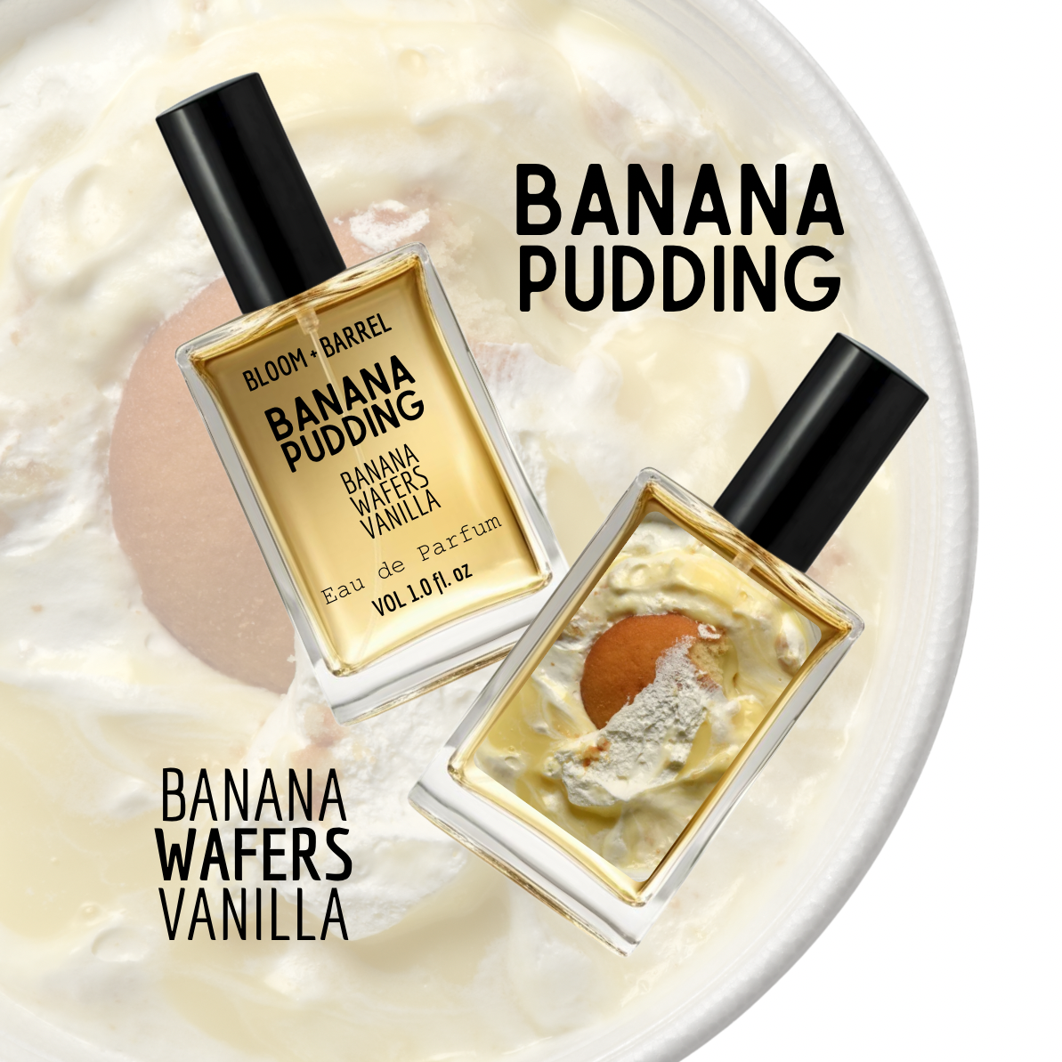 Two perfume bottles labeled 'Banana Pudding' and 'Banana Wafers Vanilla' on a banana pudding background.