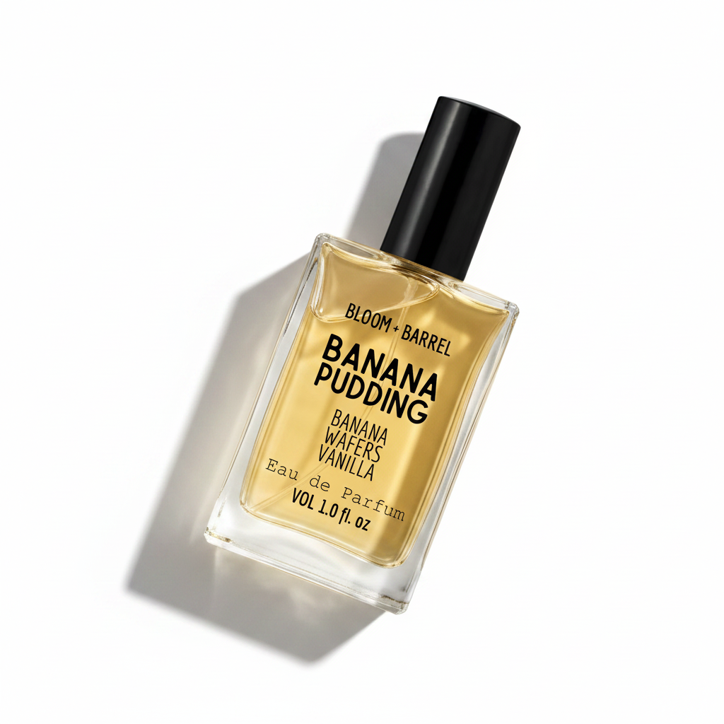 Perfume bottle labeled 'Banana Pudding' by Bloom & Barrel on a white background