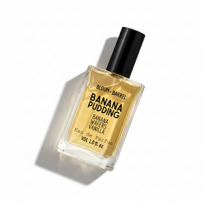 Perfume bottle labeled 'Banana Pudding' by Bloom & Barrel on a white background