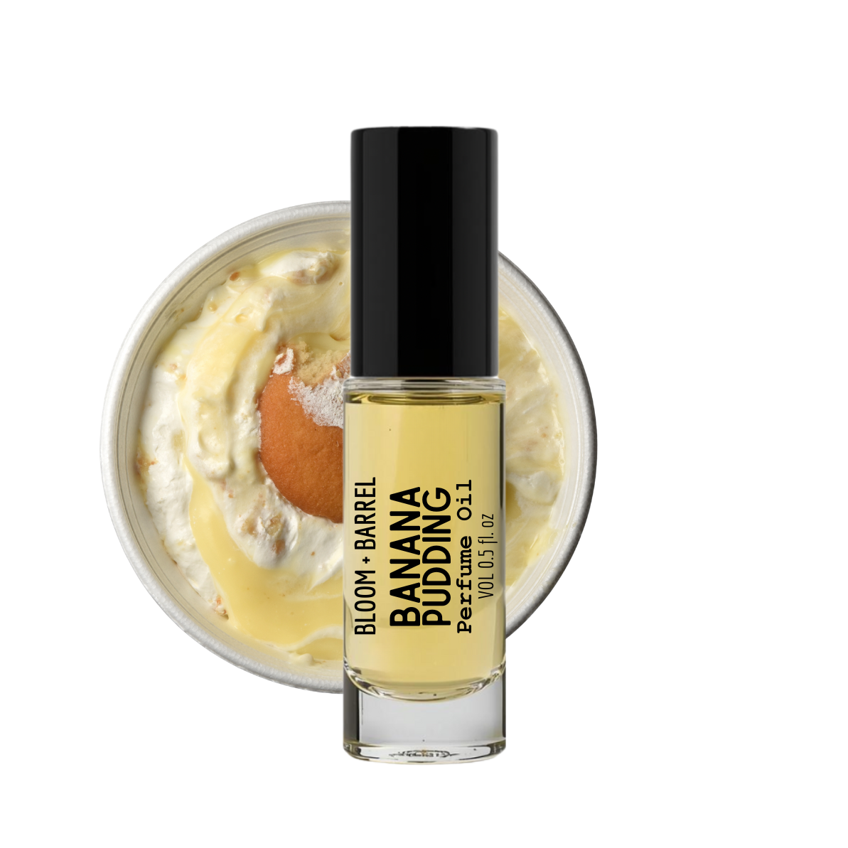 Bottle of Bloom Banana Pudding perfume with a bowl of banana pudding in the background