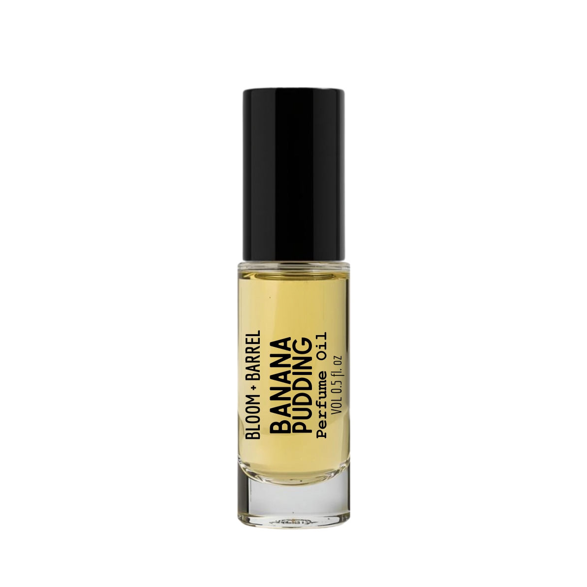 Perfume bottle labeled 'Banana Pudding' by Bloom & Barrel on a white background