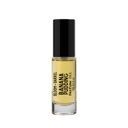 Perfume bottle labeled 'Banana Pudding' by Bloom & Barrel on a white background