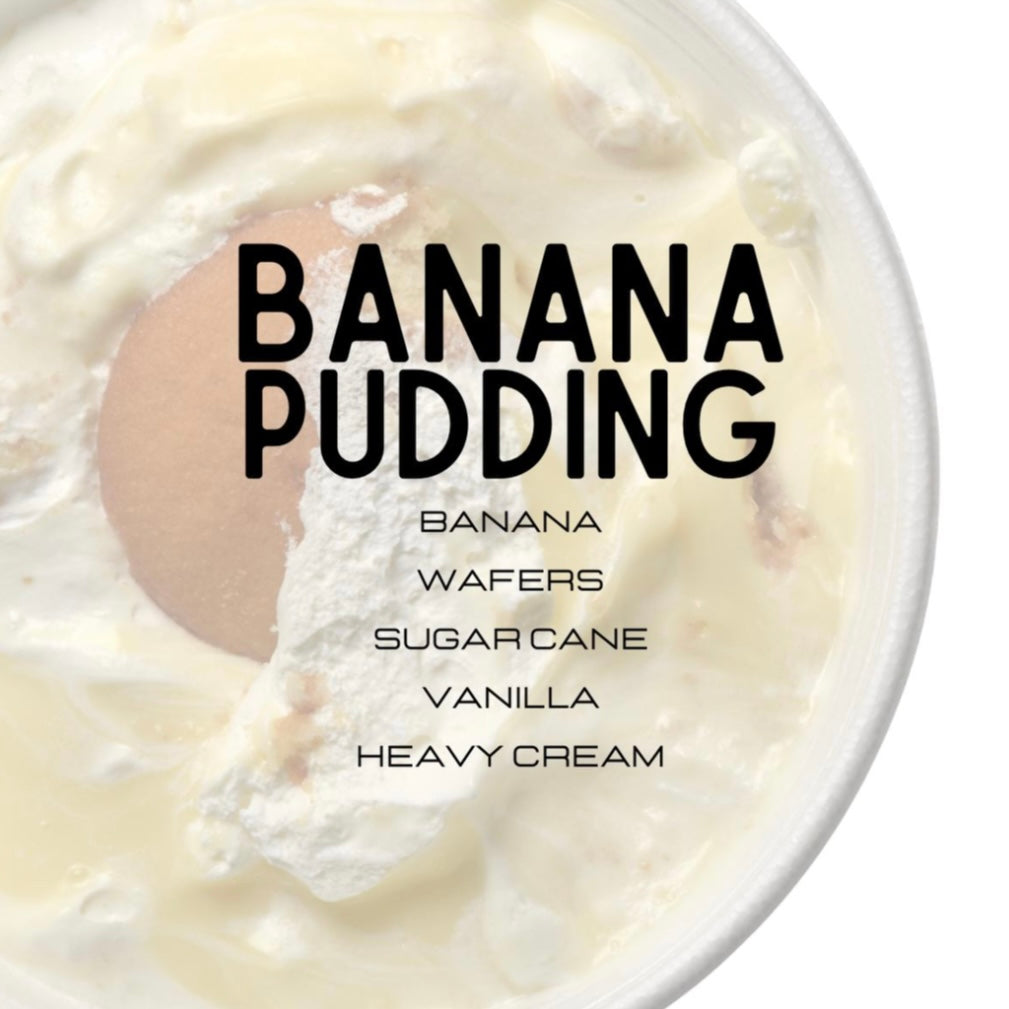 Banana pudding with ingredients listed on a white background