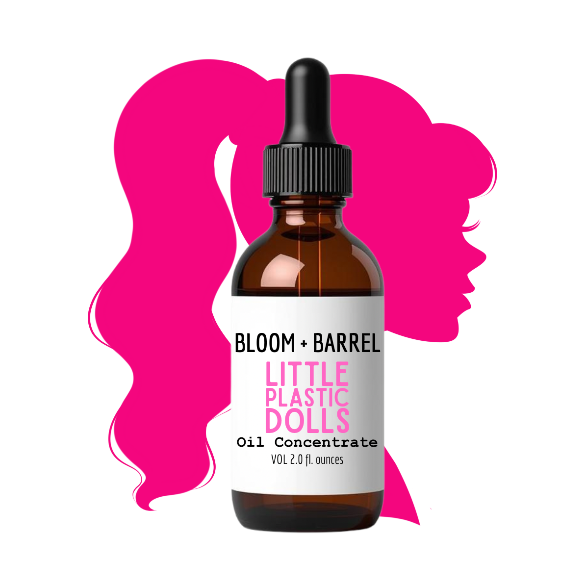 Bottle of Bloom + Barrel Little Plastic Dolls Oil Concentrate with a pink silhouette of a woman's head in the background.