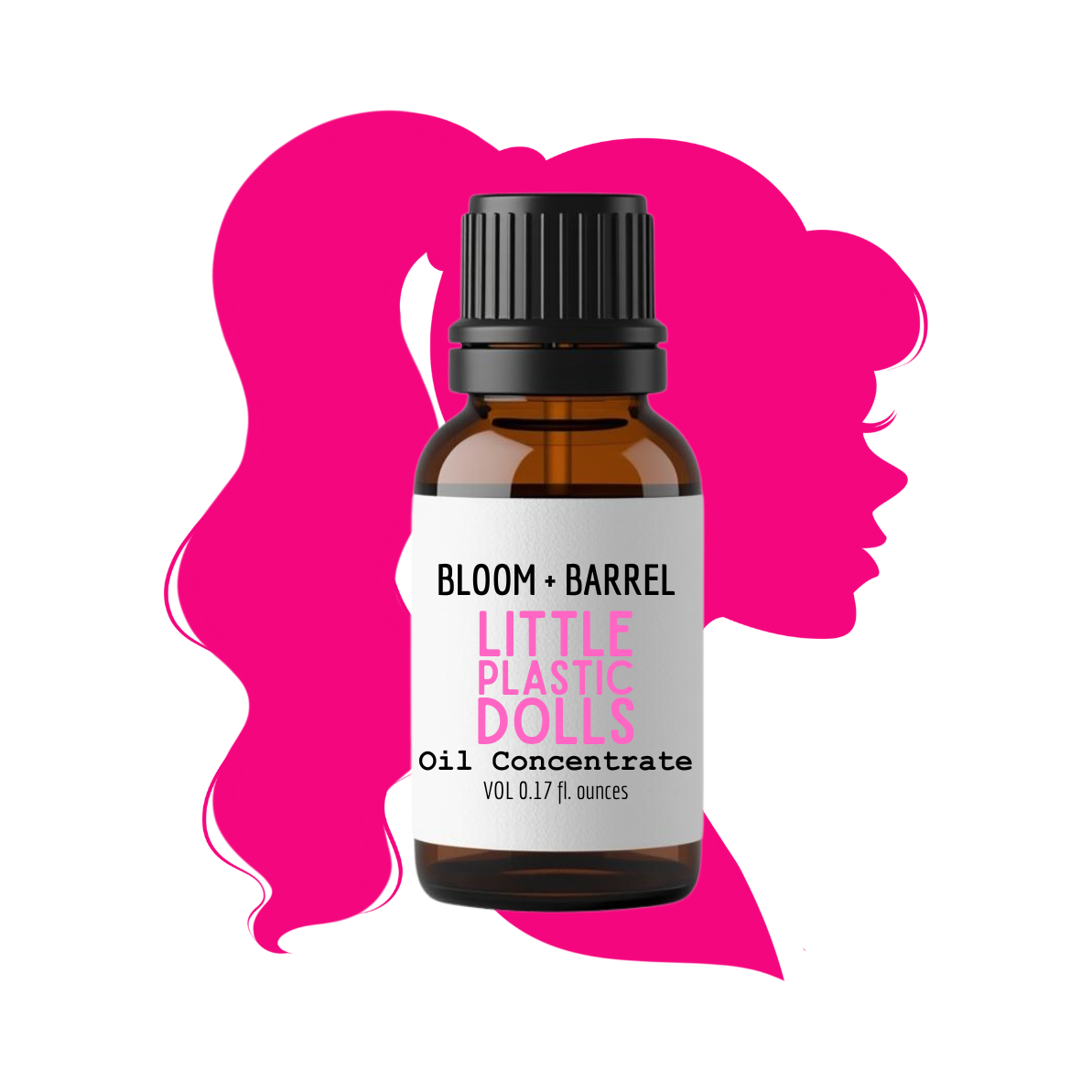 Bottle of Bloom & Barrel Little Plastic Dolls Oil Concentrate with a pink hair silhouette in the background