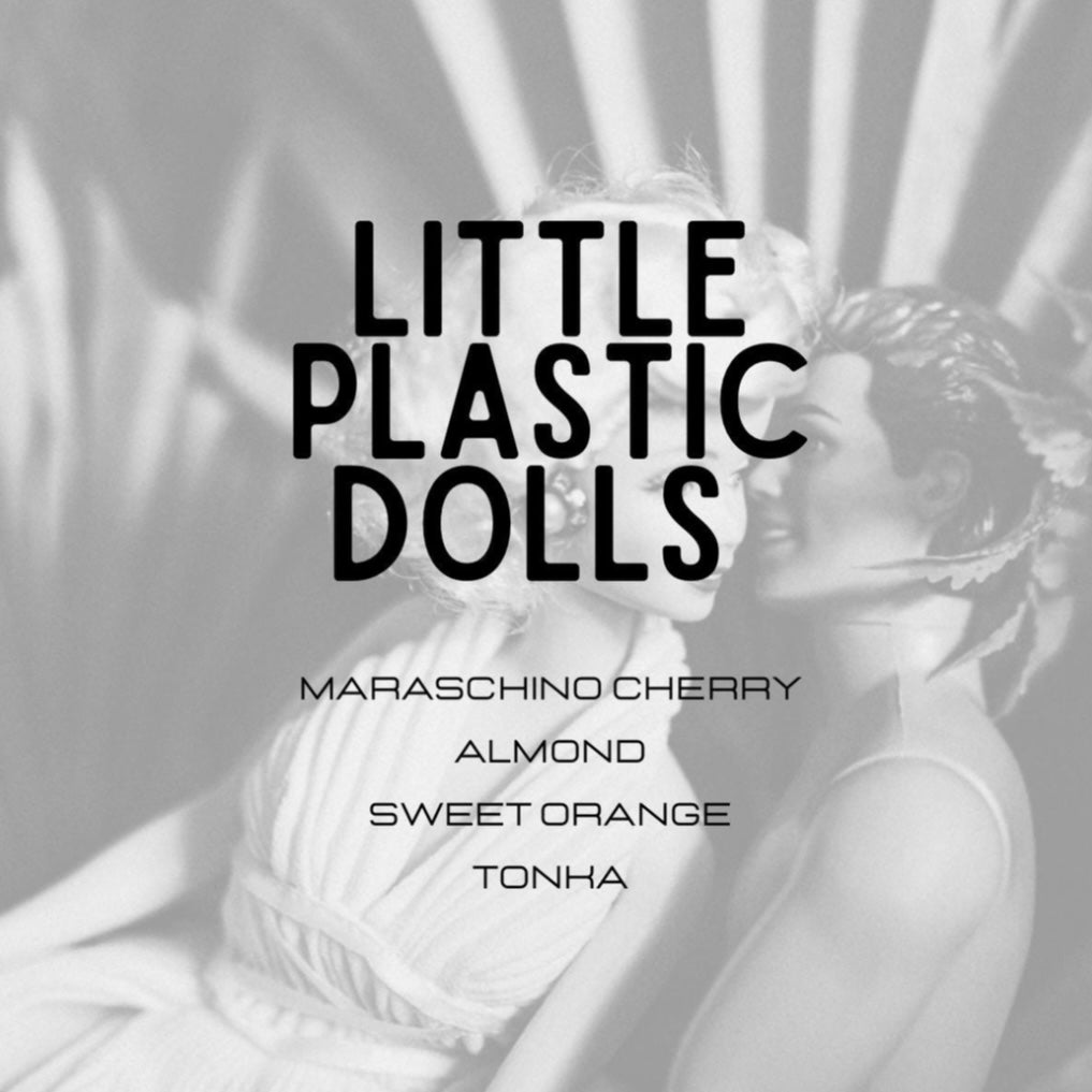 Album cover with text 'Little Plastic Dolls' and product names on a blurred background