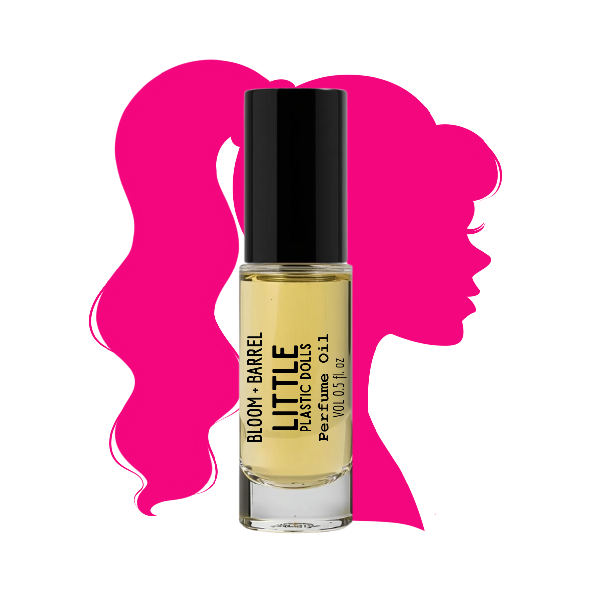 Perfume bottle with 'Little Bloom & Barrel' label against a pink silhouette of a face