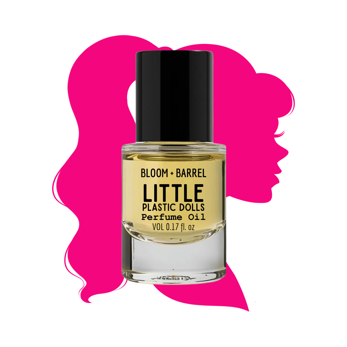 Perfume oil bottle labeled 'Little Plastic Dolls' by Bloom & Barrel with a pink abstract design in the background.