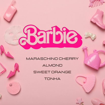 A pink flat-lay featuring Barbie branding and text reading 'Barbie' and 'MARASCHINO CHERRY ALMOND SWEET ORANGE TONHA', surrounded by small pink doll accessories on a pink background.